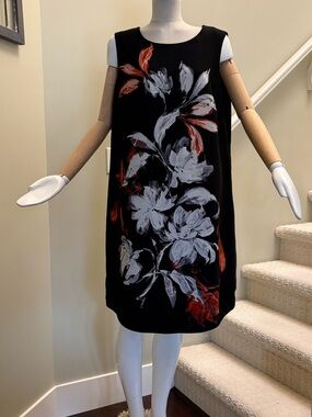 Nine West Black Midi Dress White & Rust Floral Sz 16. (Fit is small more a 14)